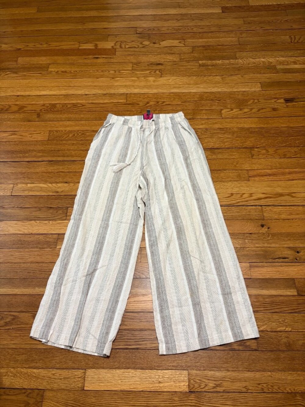 Forcynthia Beachwear Linen Cotton Striped Wide Leg Drawstring Pants Womens Large